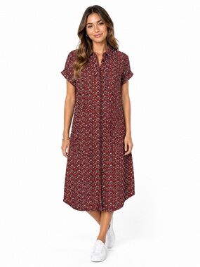 NWT XS Wildfang Empower Short Sleeve Button Down Rust Red Midi Floral Dress
